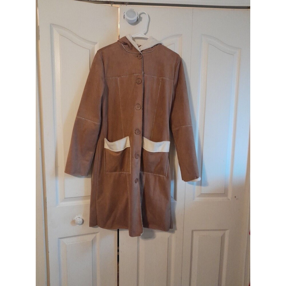 Oboe Women’s Medium Vintage Tan Hooded With White Border Pockets Mid Length Coat